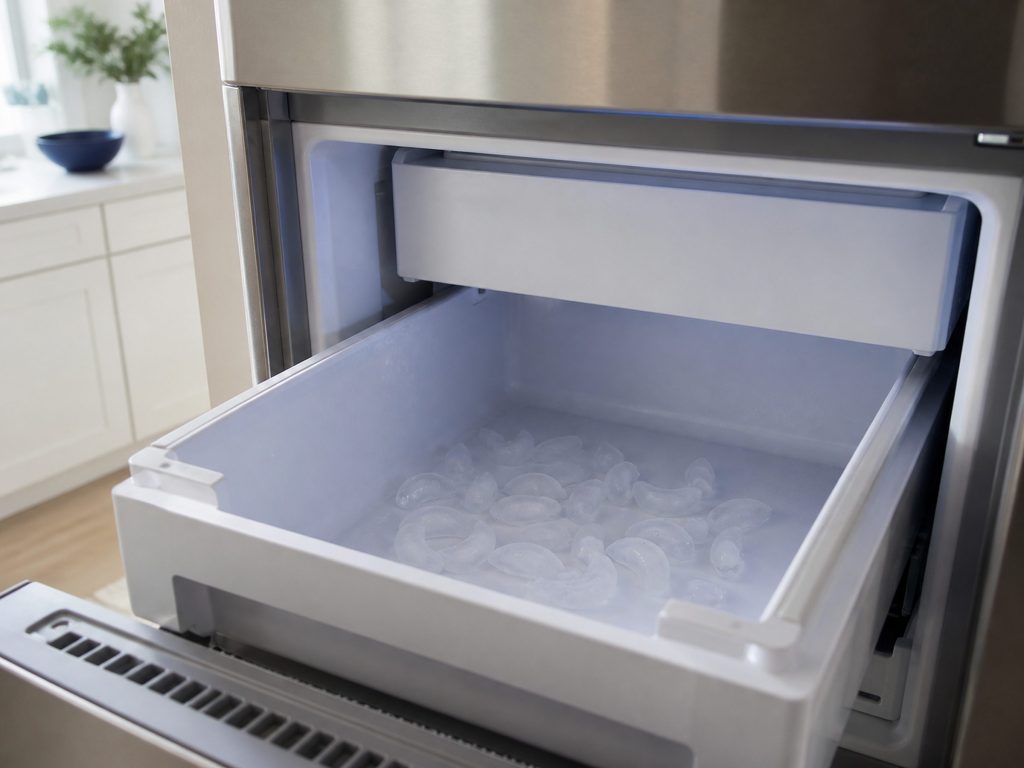 An open freezer drawer in an American kitchen showing an ice bin with only a scatter of crescent-shaped ice cubes at the bottom, the icemaker module visible above it, plain and unmarked.