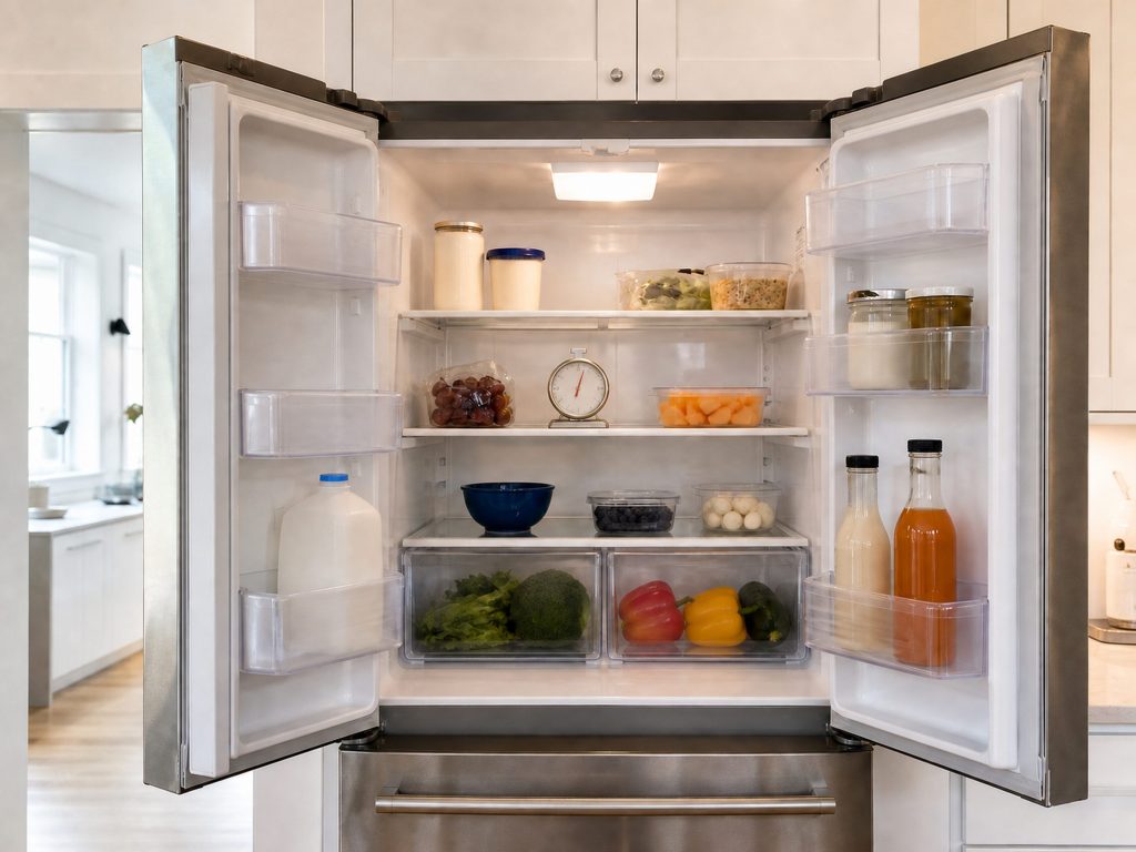 The inside of a stainless French door refrigerator seen from the front, door open, interior light on, ordinary groceries on the shelves, a household thermometer standing on the middle shelf.