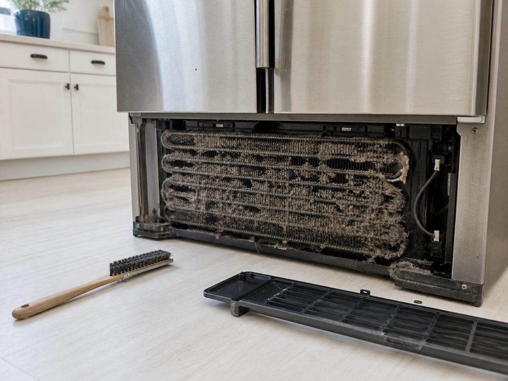 The base grille of a stainless refrigerator removed and lying beside it, the condenser coil visible behind, thick with grey dust and hair, a coil brush resting on the floor.