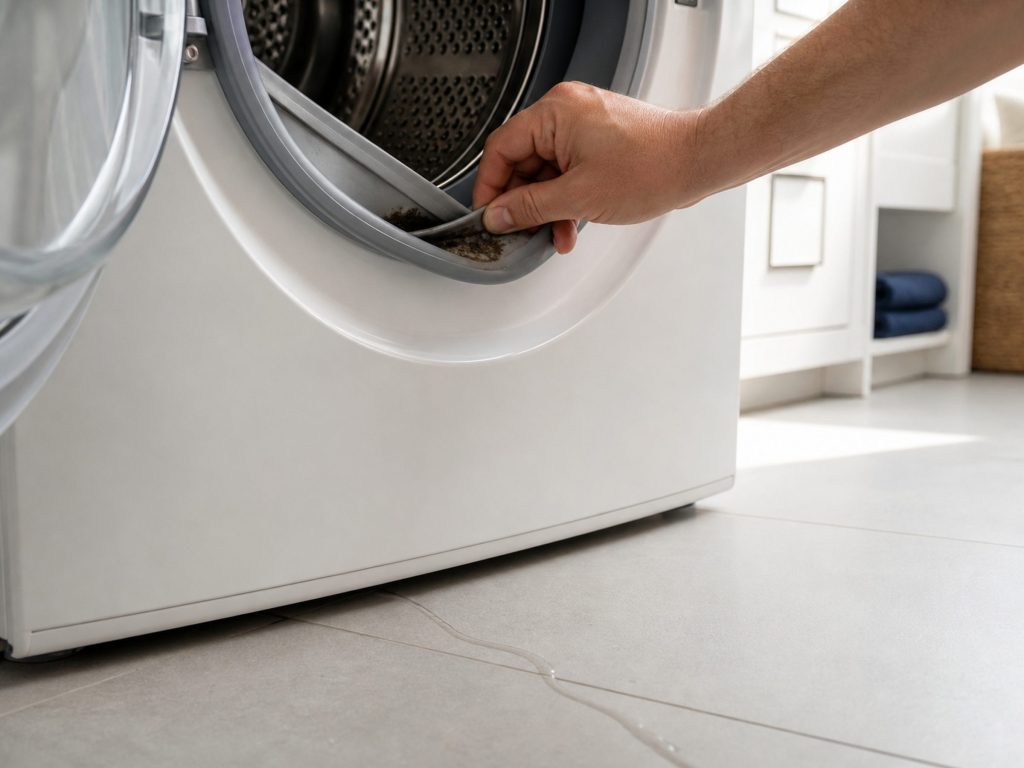 The lower front of a white front-load washing machine with a thin line of water running from under it across pale tile, the door boot seal turned out by a hand showing grit trapped in the fold.