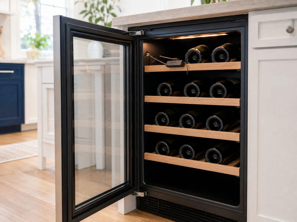 A glass-fronted undercounter wine center with the door open, wooden shelves of bottles lying on their sides, a small digital thermometer probe resting on the top shelf.