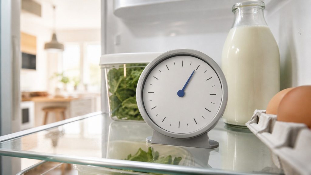 A round dial fridge thermometer standing on a glass refrigerator shelf among ordinary groceries, its face showing a needle and a ring of plain tick marks with no numerals and no words anywhere on the dial.