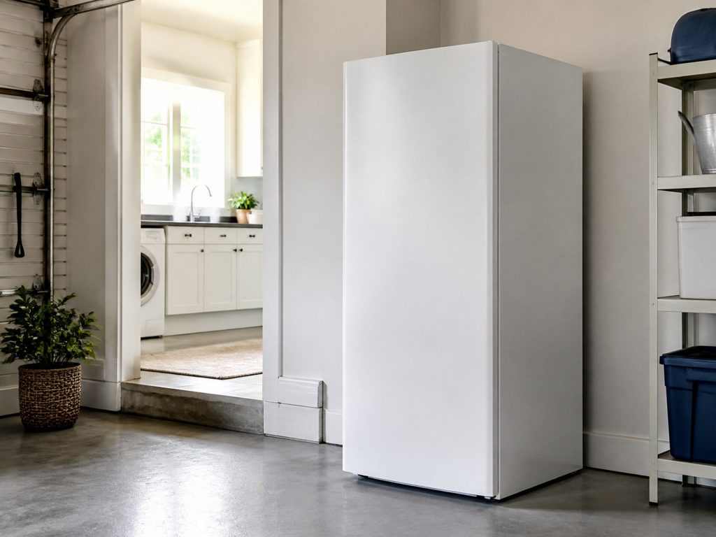 A white upright freezer standing in a clean American garage, door closed, from a low three-quarter angle in a bright kitchen, morning light.