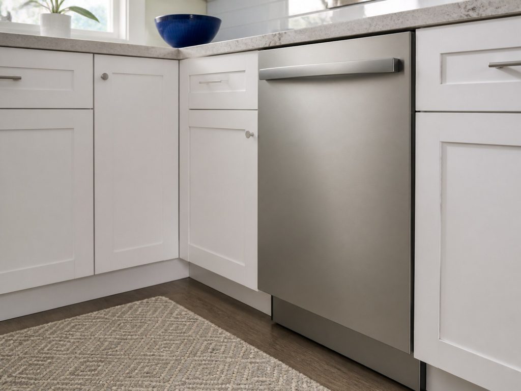 A stainless dishwasher front set flush into white cabinetry, door closed, in a corner of a white kitchen with cabinetry either side.
