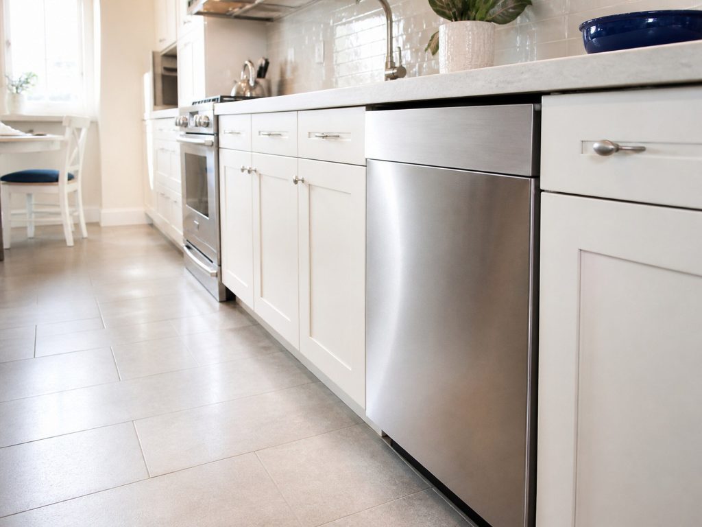 A stainless dishwasher front set flush into white cabinetry, door closed, seen down a galley kitchen, soft depth of field behind.
