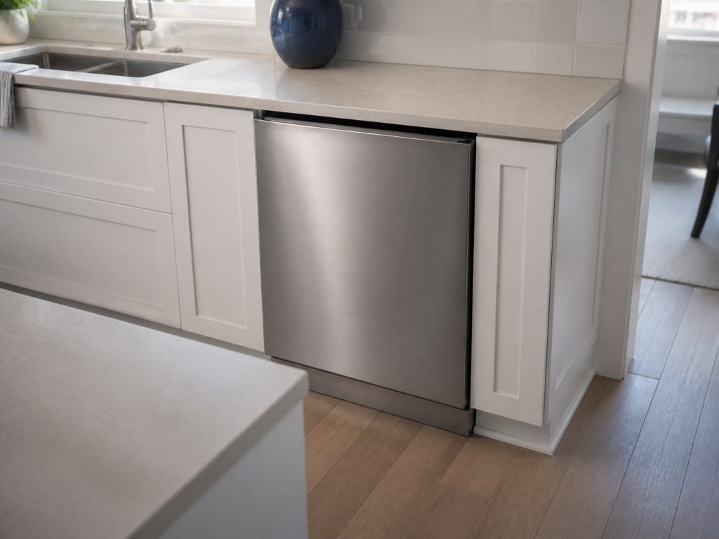 A stainless dishwasher front set flush into white cabinetry, door closed, from a high three-quarter angle, pale counter in the foreground.