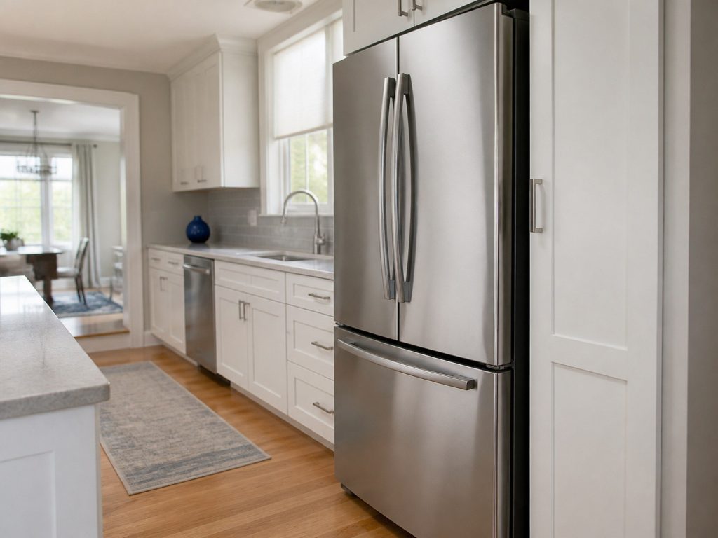 A tall stainless French door refrigerator, doors closed, plain unmarked handles, seen down a galley kitchen, soft depth of field behind.
