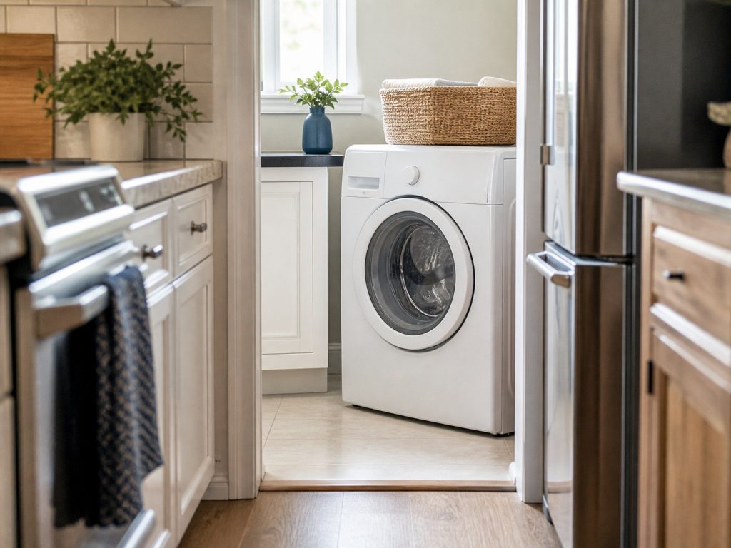 A white front-loading washing machine in an American laundry room, seen down a galley kitchen, soft depth of field behind.