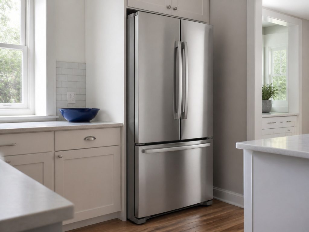 A tall stainless French door refrigerator, doors closed, plain unmarked handles, in a corner of a white kitchen with cabinetry either side.