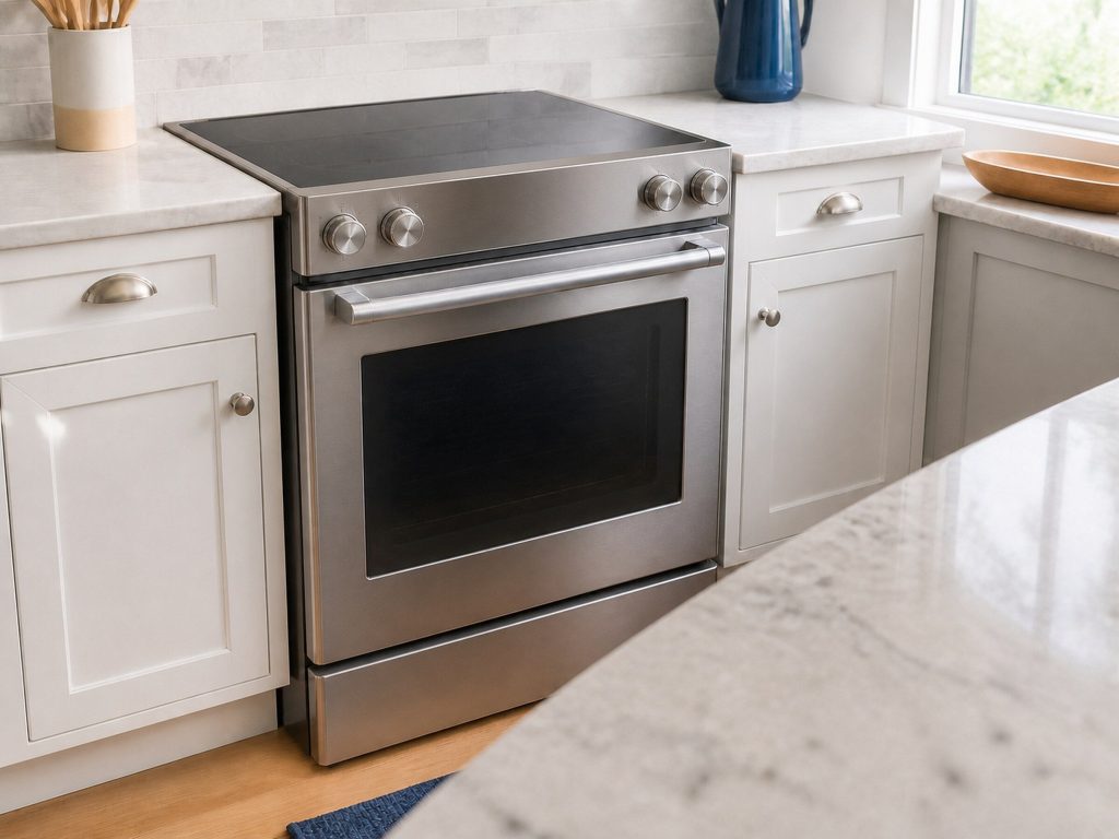 A freestanding stainless range with a smooth black cooktop and one oven door, from a high three-quarter angle, pale counter in the foreground.