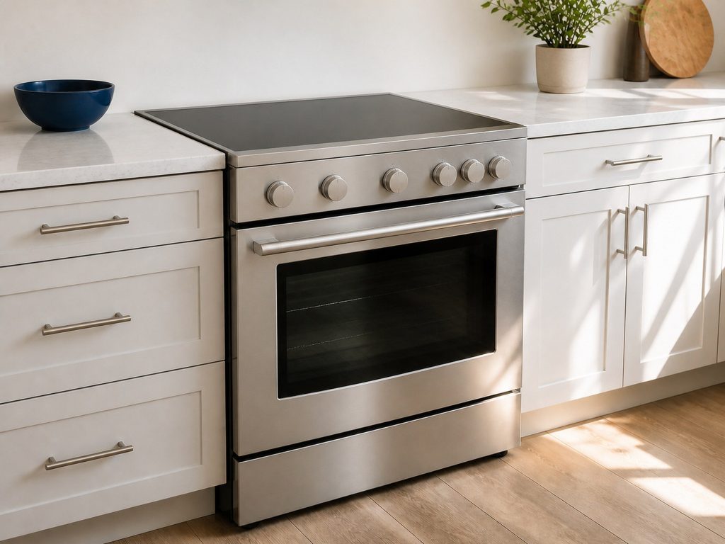 A stainless slide-in range with a smooth black cooktop and one oven door, its knobs on the front fascia and no back panel behind the cooktop, set between two runs of counter, against a white wall with a window out of frame to the right.