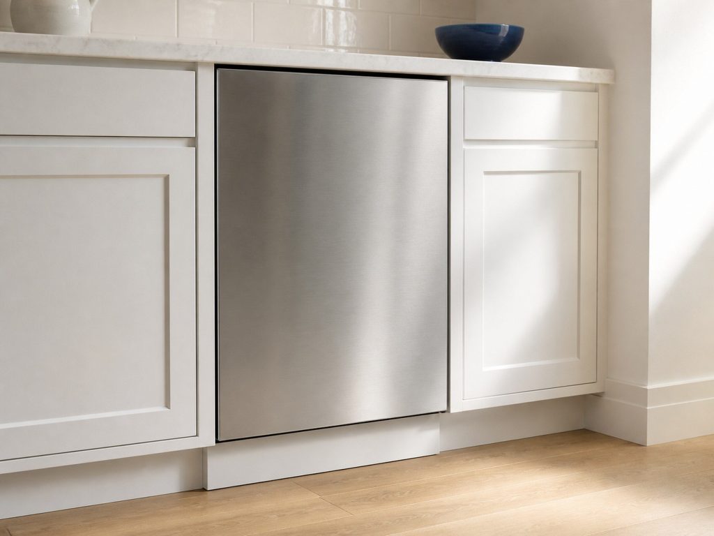 A stainless dishwasher front set flush into white cabinetry, door closed, against a white wall with a window out of frame to the right.