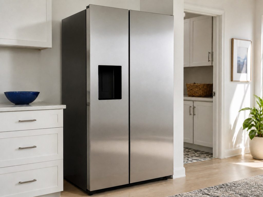 A tall stainless side-by-side refrigerator, two full-height doors meeting down the middle, a tall dispenser recess in the left door with its panel dark and blank, against a white wall with a window out of frame to the right.