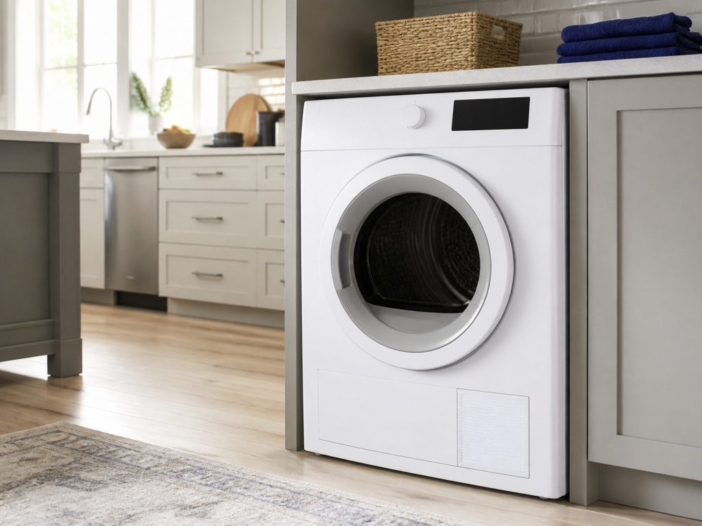 A white front-loading clothes dryer in an American laundry room, from the front in a bright kitchen, daylight from the left.