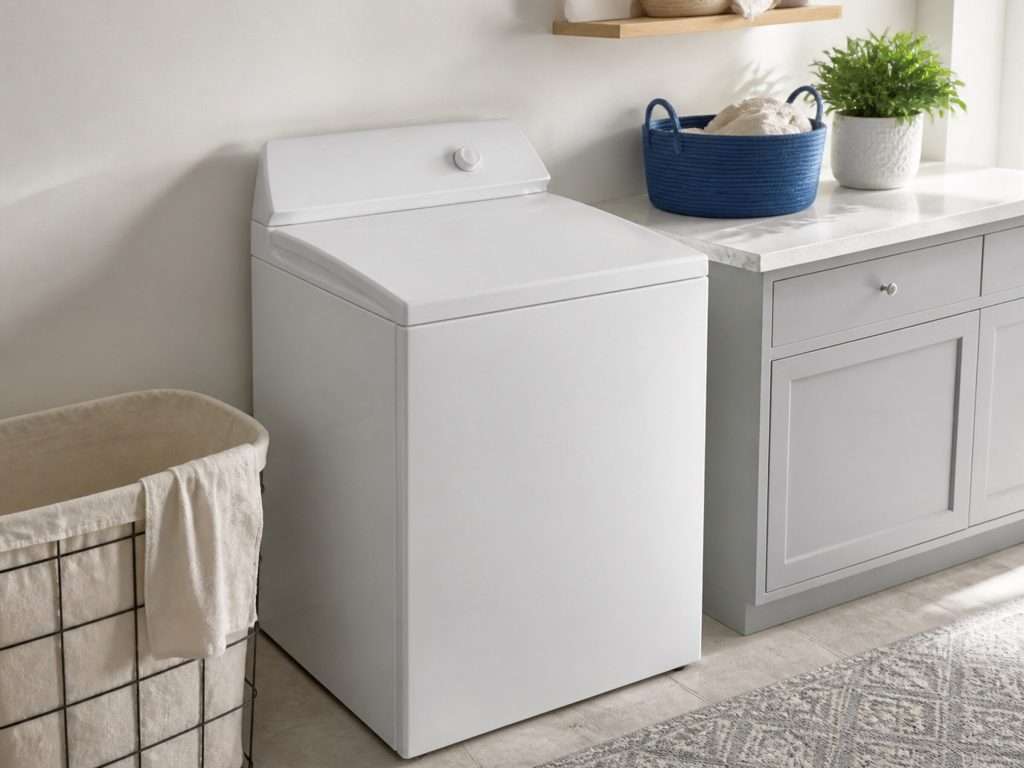 A white top-loading washing machine with its hinged lid closed on the flat top, standing in an American laundry room, against a white wall with a window out of frame to the right.