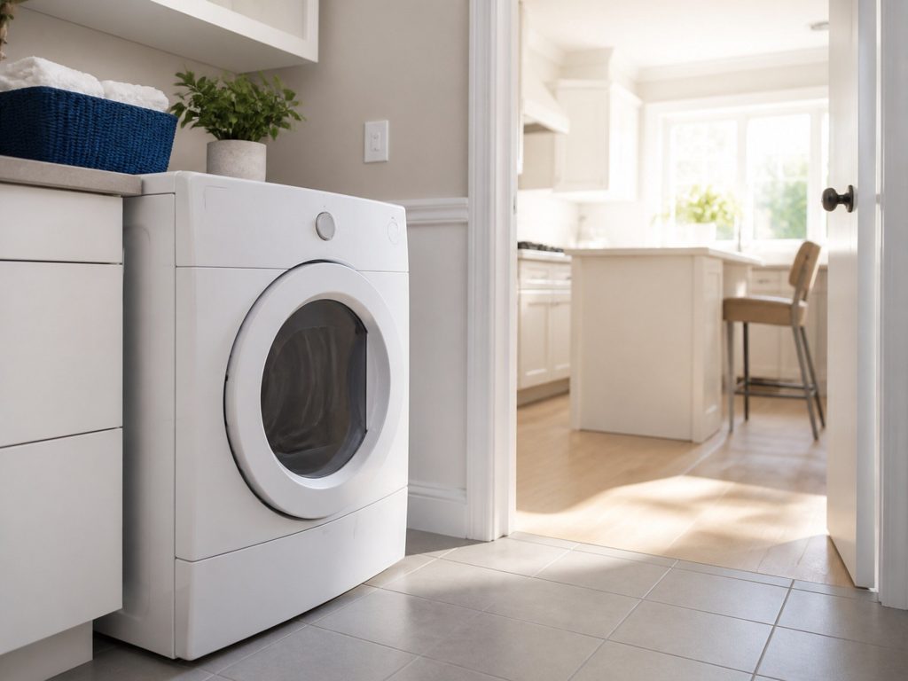 A white front-loading clothes dryer in an American laundry room, from a low three-quarter angle in a bright kitchen, morning light.