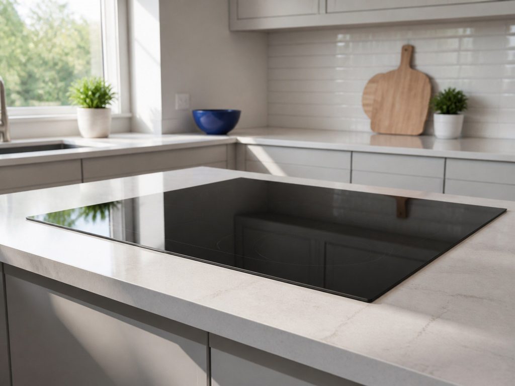 A black ceramic cooktop set flush into a pale stone counter, seen at an angle, from the front in a bright kitchen, daylight from the left.