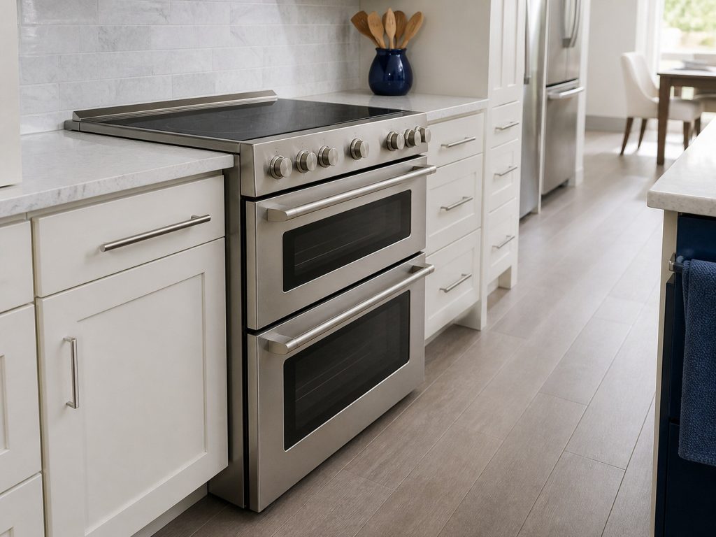 A freestanding stainless range with a smooth black cooktop and two oven doors one above the other, seen down a galley kitchen, soft depth of field behind.