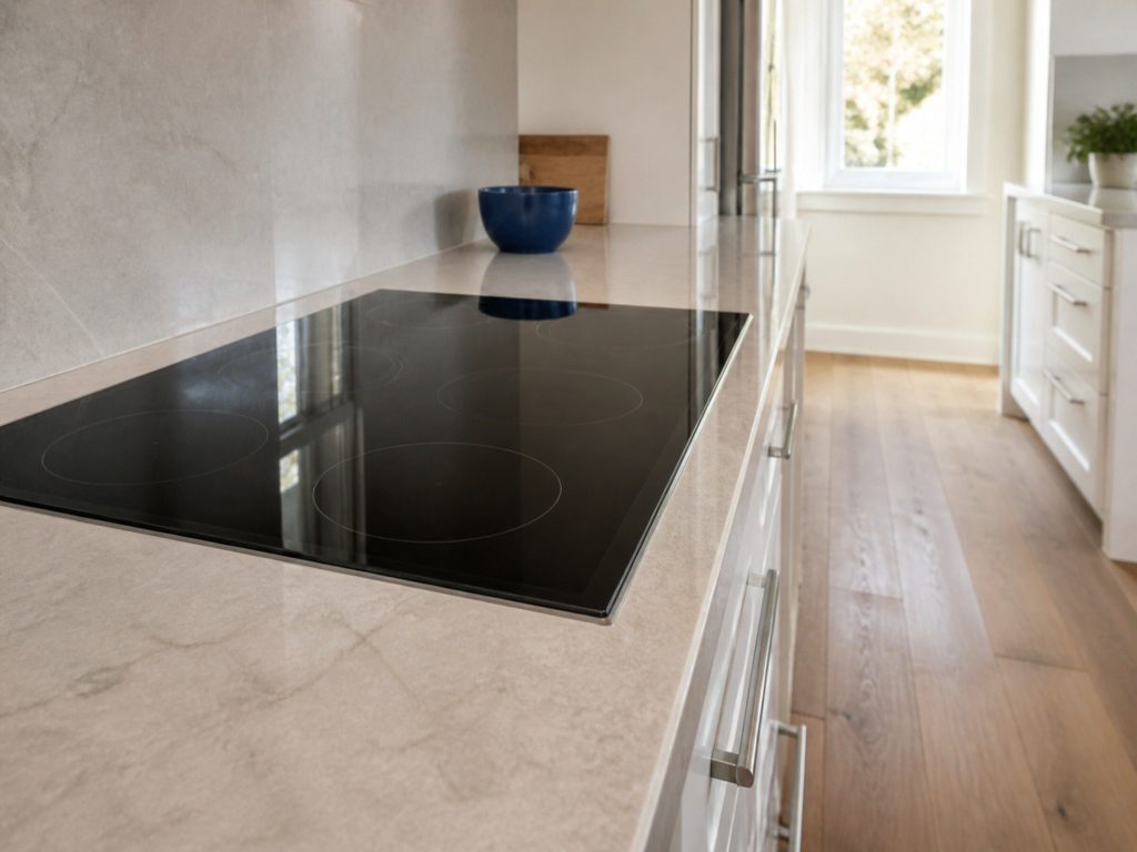 A black ceramic cooktop set flush into a pale stone counter, seen at an angle, seen down a galley kitchen, soft depth of field behind.