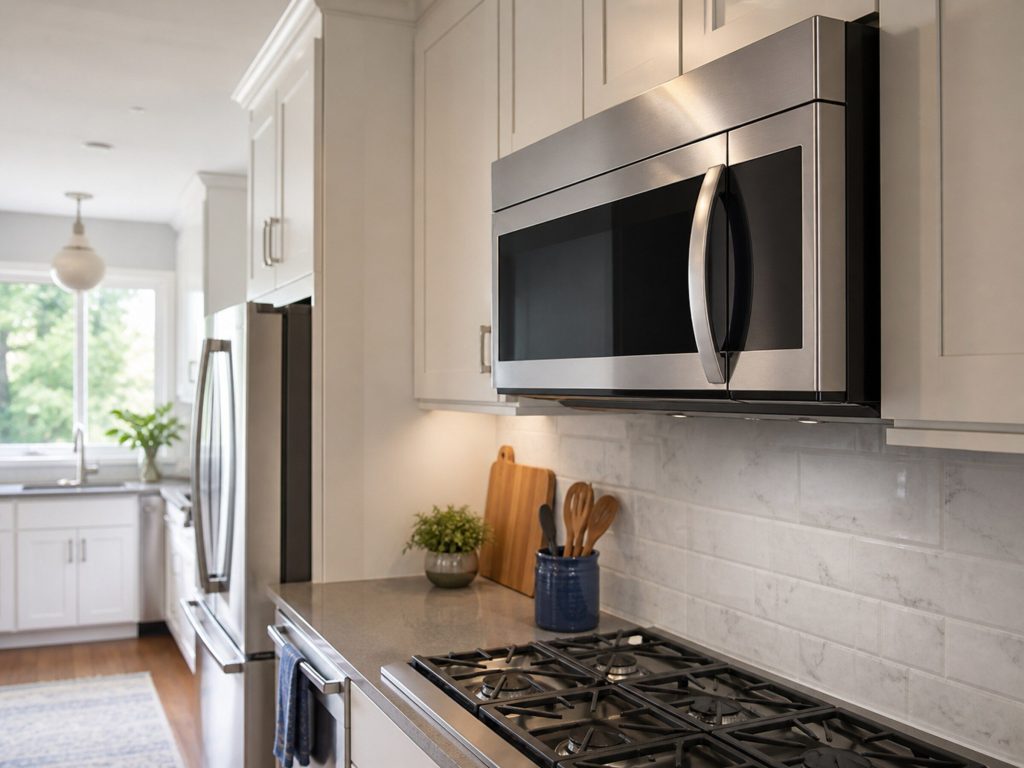 A stainless over-the-range microwave mounted above a cooktop, seen down a galley kitchen, soft depth of field behind.