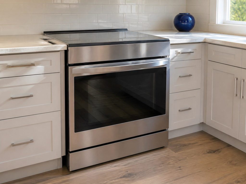 A freestanding stainless range with a smooth black cooktop and one oven door, in a corner of a white kitchen with cabinetry either side.