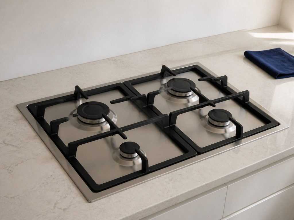 A stainless gas cooktop set flush into a pale stone counter, four sealed burners under heavy black cast-iron grates, seen at an angle, against a white wall with a window out of frame to the right.