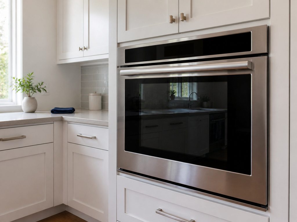A stainless built-in single wall oven set into white cabinetry at chest height, in a corner of a white kitchen with cabinetry either side.
