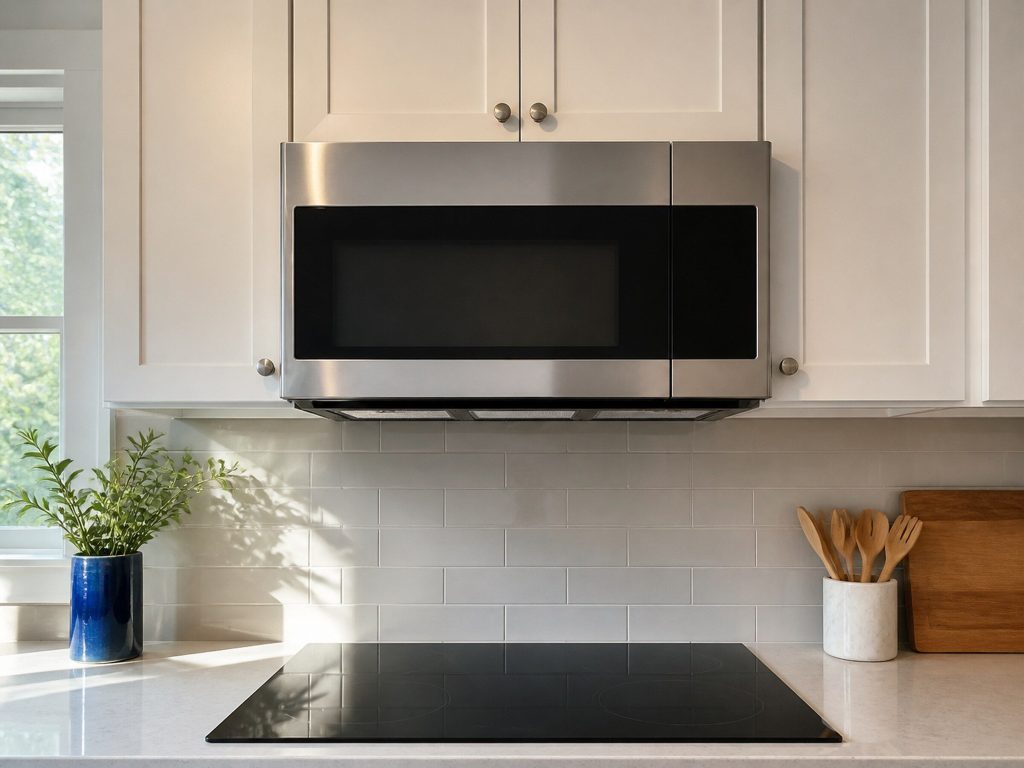 A stainless over-the-range microwave mounted above a cooktop, from the front in a bright kitchen, daylight from the left.