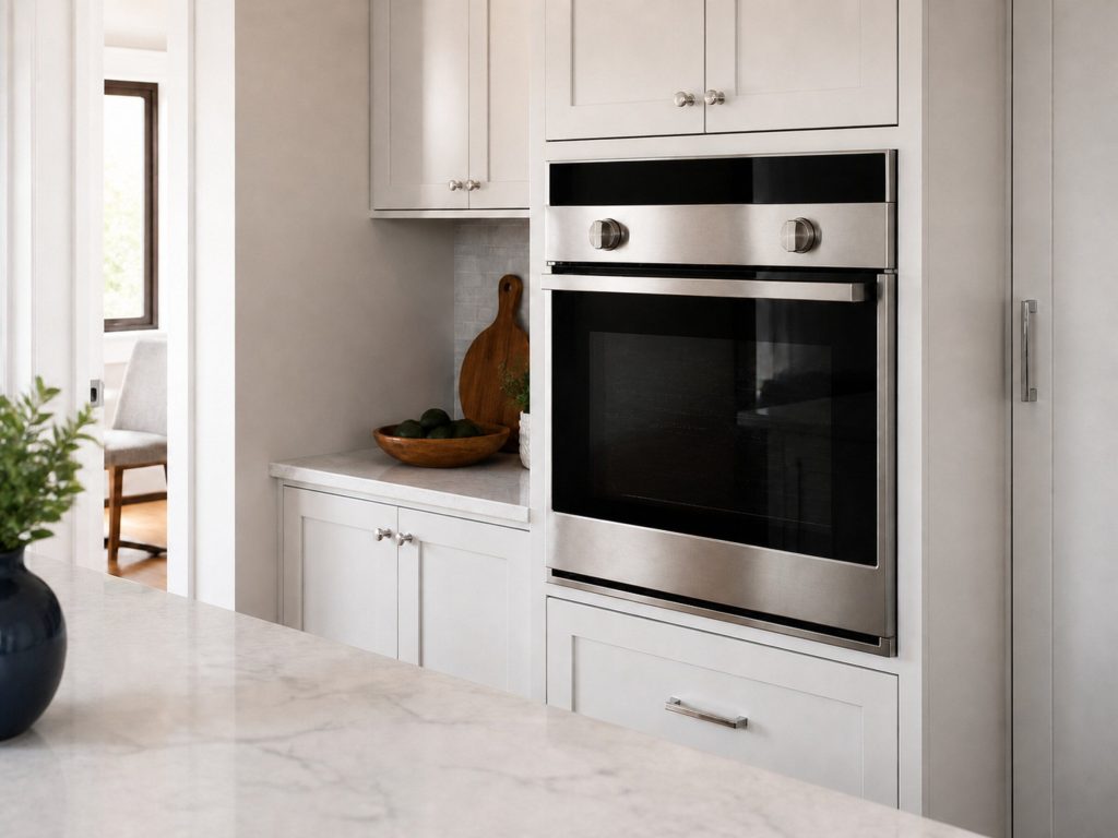 A stainless built-in single wall oven set into white cabinetry at chest height, from a high three-quarter angle, pale counter in the foreground.