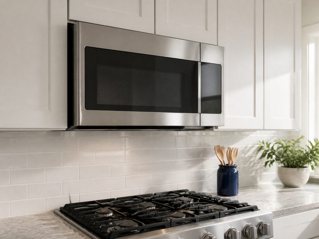 A stainless over-the-range microwave mounted above a cooktop, against a white wall with a window out of frame to the right.