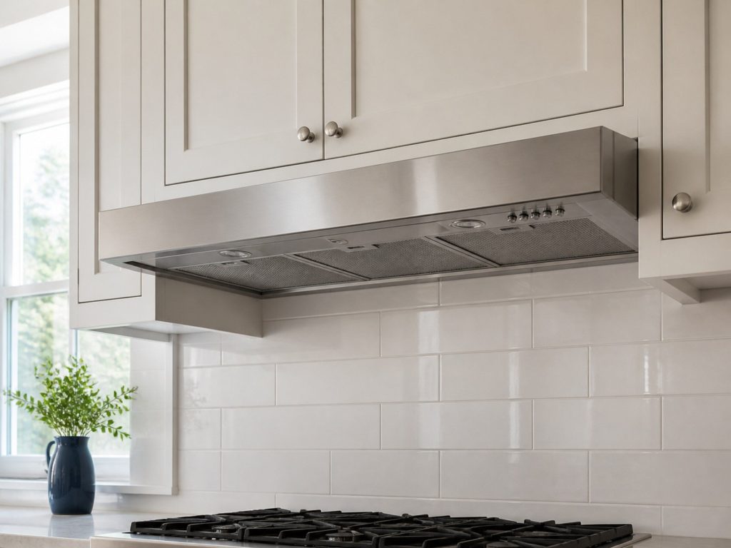 A stainless under-cabinet range hood above a cooktop, seen from below, from the front in a bright kitchen, daylight from the left.