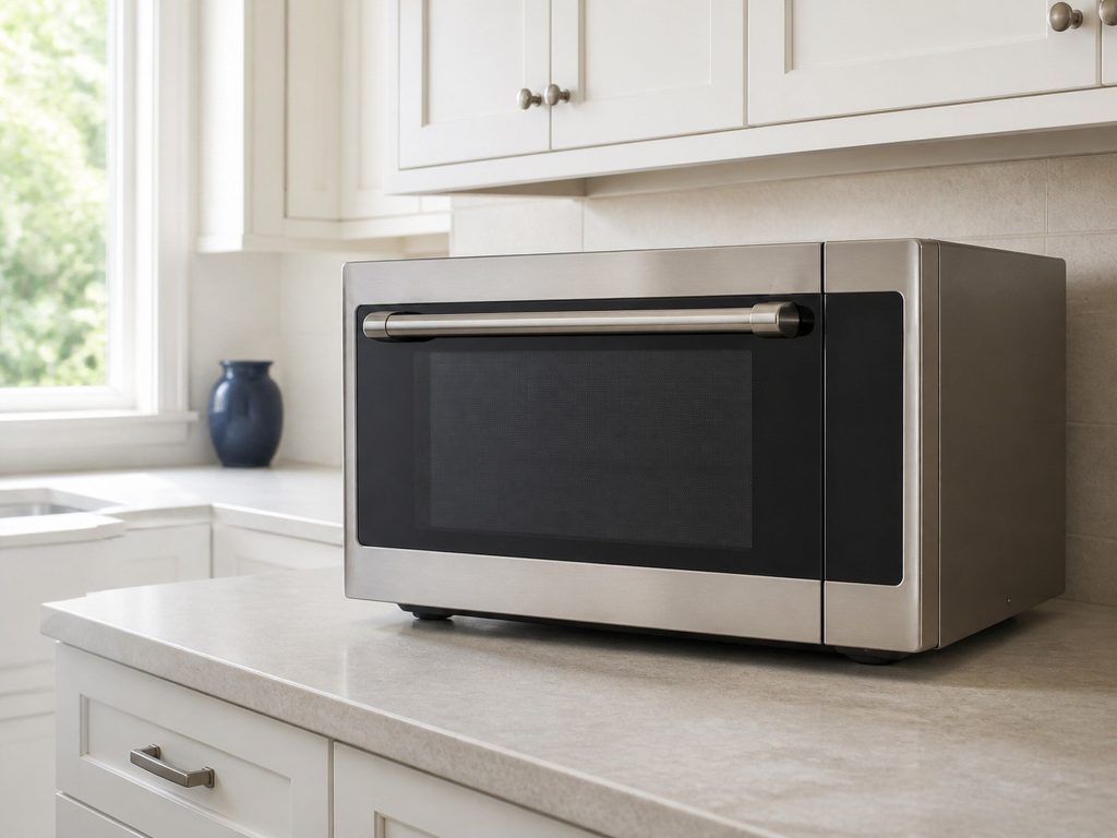 A larger stainless countertop convection microwave standing on a pale stone counter, a full-width bar handle across its door, from a low three-quarter angle in a bright kitchen, morning light.