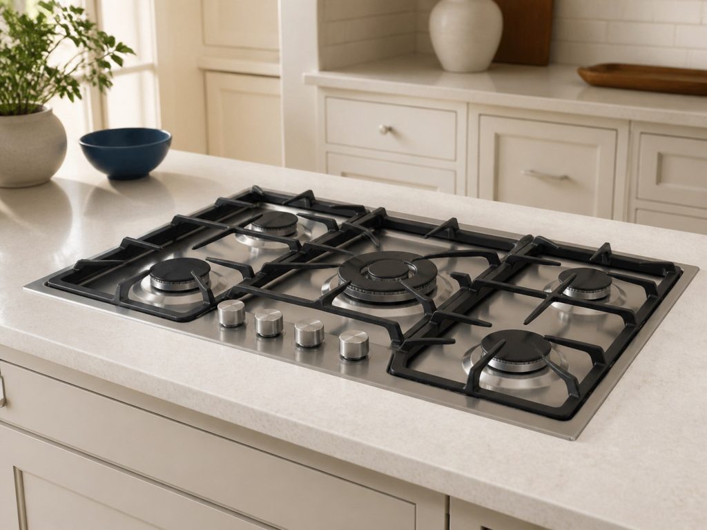 A stainless gas cooktop set flush into a pale stone counter, five sealed burners under heavy black cast-iron grates, the center burner the largest, seen at an angle, from a low three-quarter angle in a bright kitchen, morning light.