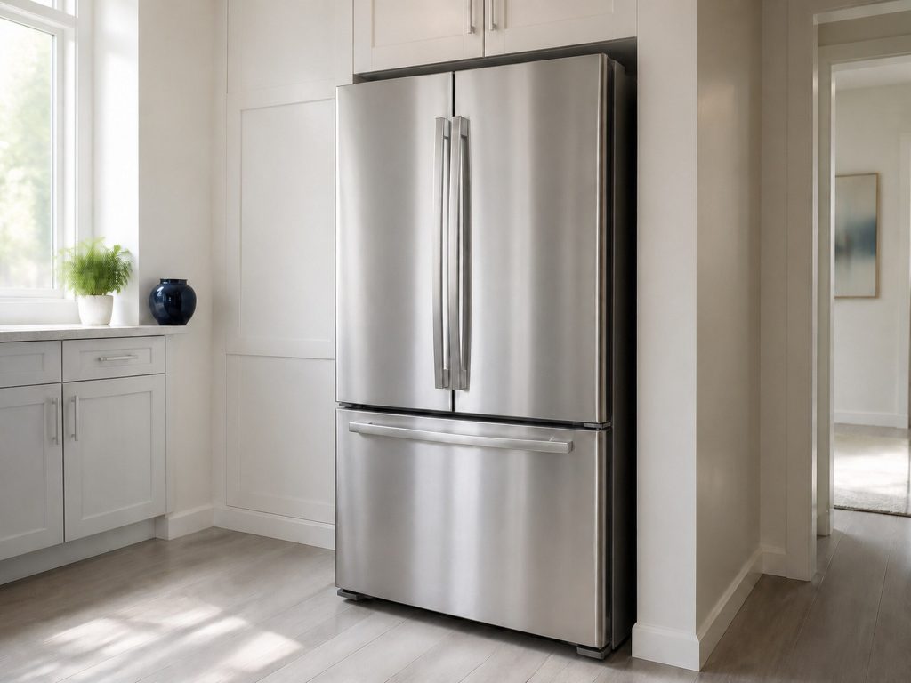 A tall stainless French door refrigerator, doors closed, plain unmarked handles, from the front in a bright kitchen, daylight from the left.