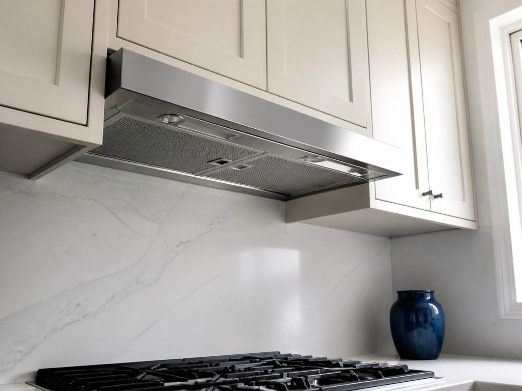 A stainless under-cabinet range hood above a cooktop, seen from below, in a corner of a white kitchen with cabinetry either side.