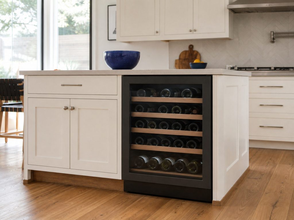 A glass-fronted undercounter wine center with bottles on wooden shelves, from the front in a bright kitchen, daylight from the left.
