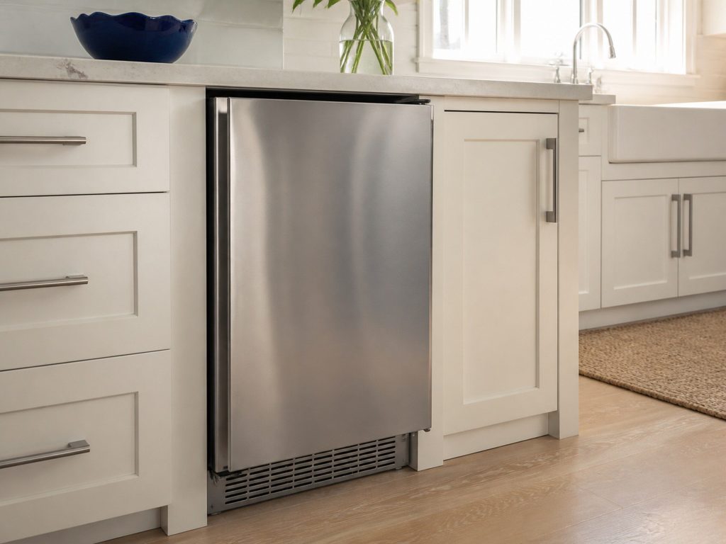 A stainless undercounter ice maker built into pale cabinetry, door closed, in a corner of a white kitchen with cabinetry either side.