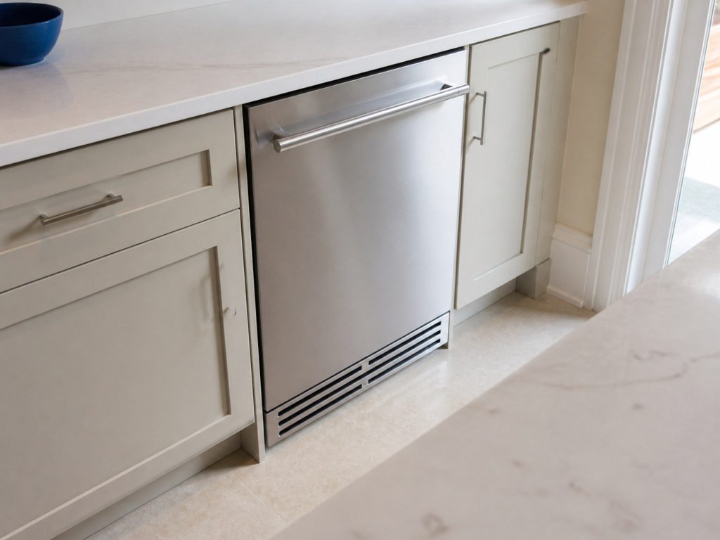A stainless undercounter ice maker built into pale cabinetry, door closed, from a high three-quarter angle, pale counter in the foreground.