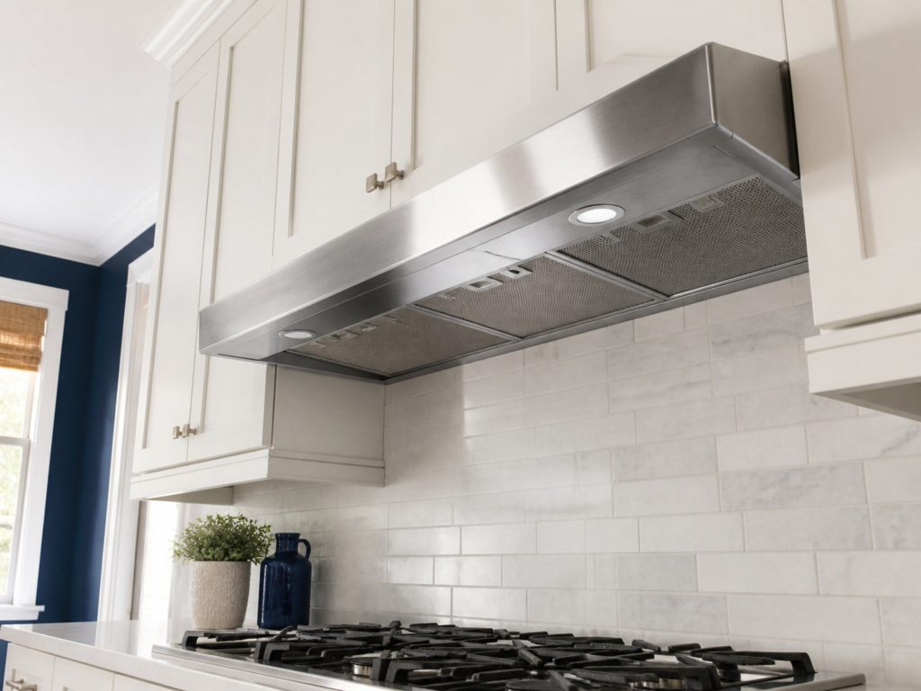A stainless under-cabinet range hood above a cooktop, seen from below, from a low three-quarter angle in a bright kitchen, morning light.