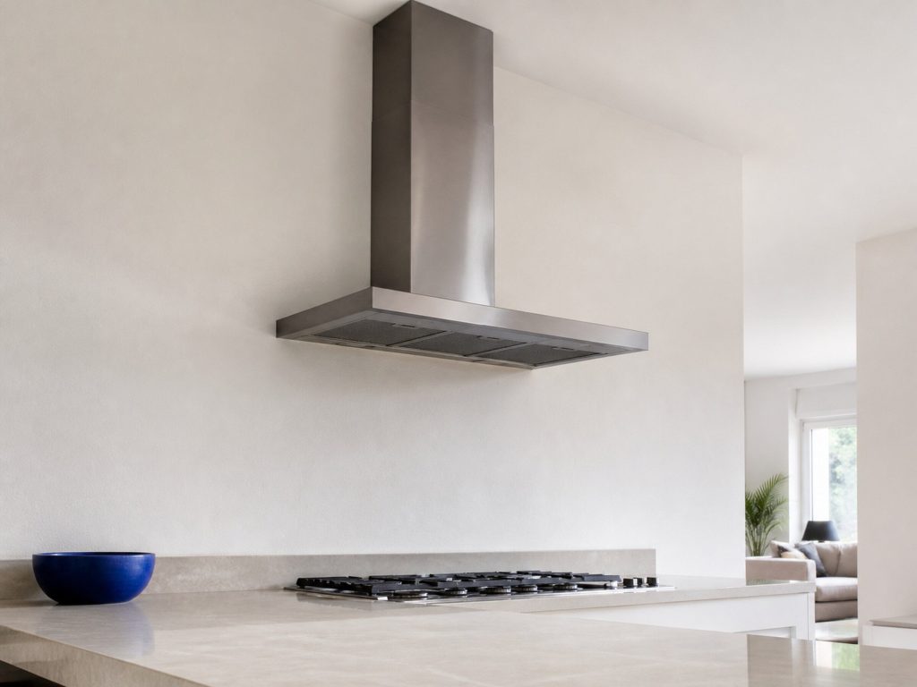 A stainless wall-mount chimney range hood above a cooktop, its flue running straight up the wall to the ceiling with no cabinetry around it, seen from below, from a high three-quarter angle, pale counter in the foreground.