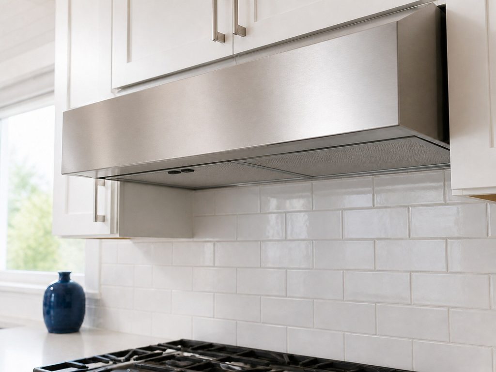 A stainless under-cabinet range hood over a cooktop in a bright white kitchen, close on the underside where two plain unmarked rocker switches sit, nothing else on the metal — no screen, no digits, no symbols.