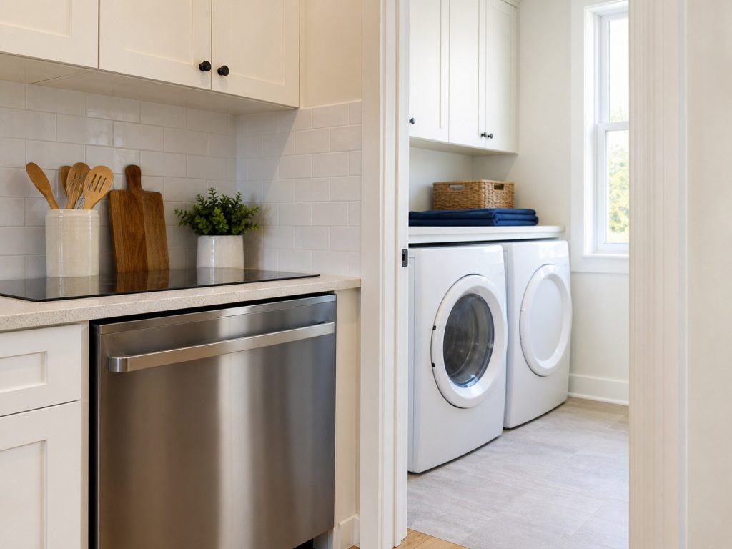 A bright white American home seen through an open doorway from the kitchen into the laundry room beyond, a stainless dishwasher front and a cooktop on the near side and a white washing machine and tumble dryer through the door, everything closed and plain.