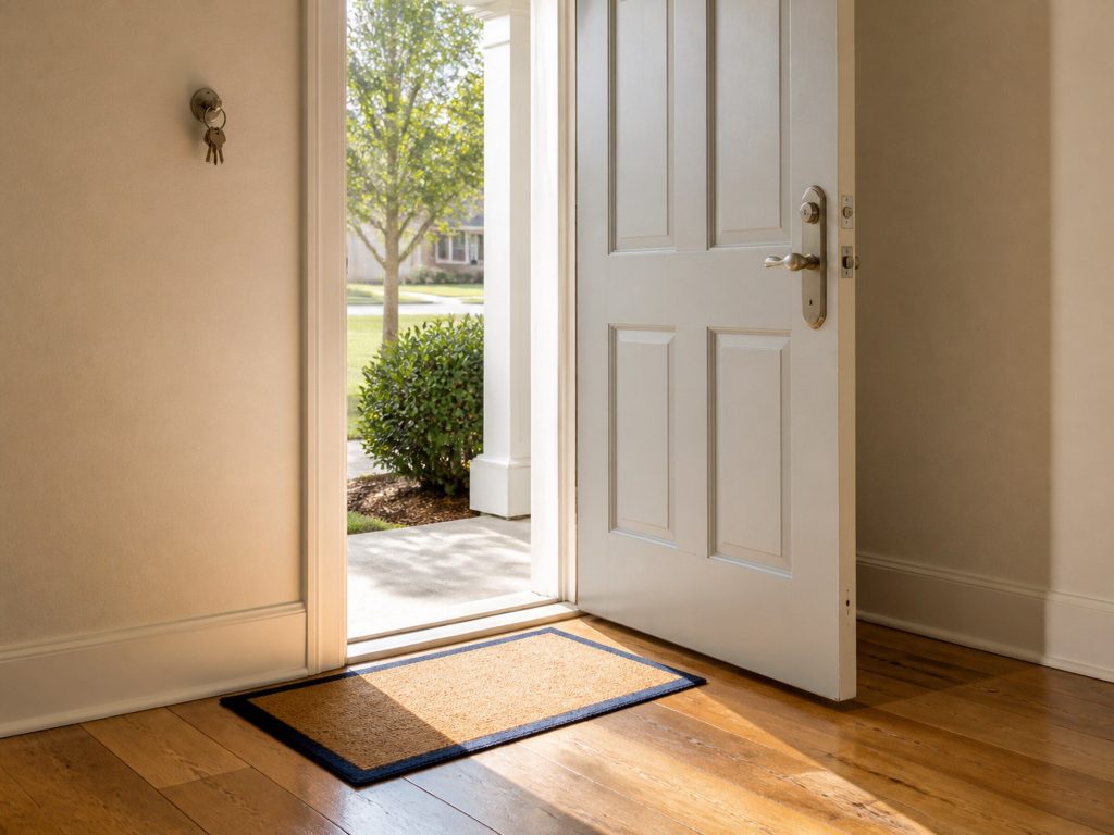 The inside of an American front door standing part open in warm afternoon light, a doormat, a set of keys on a hook, pale wall and wooden floor.