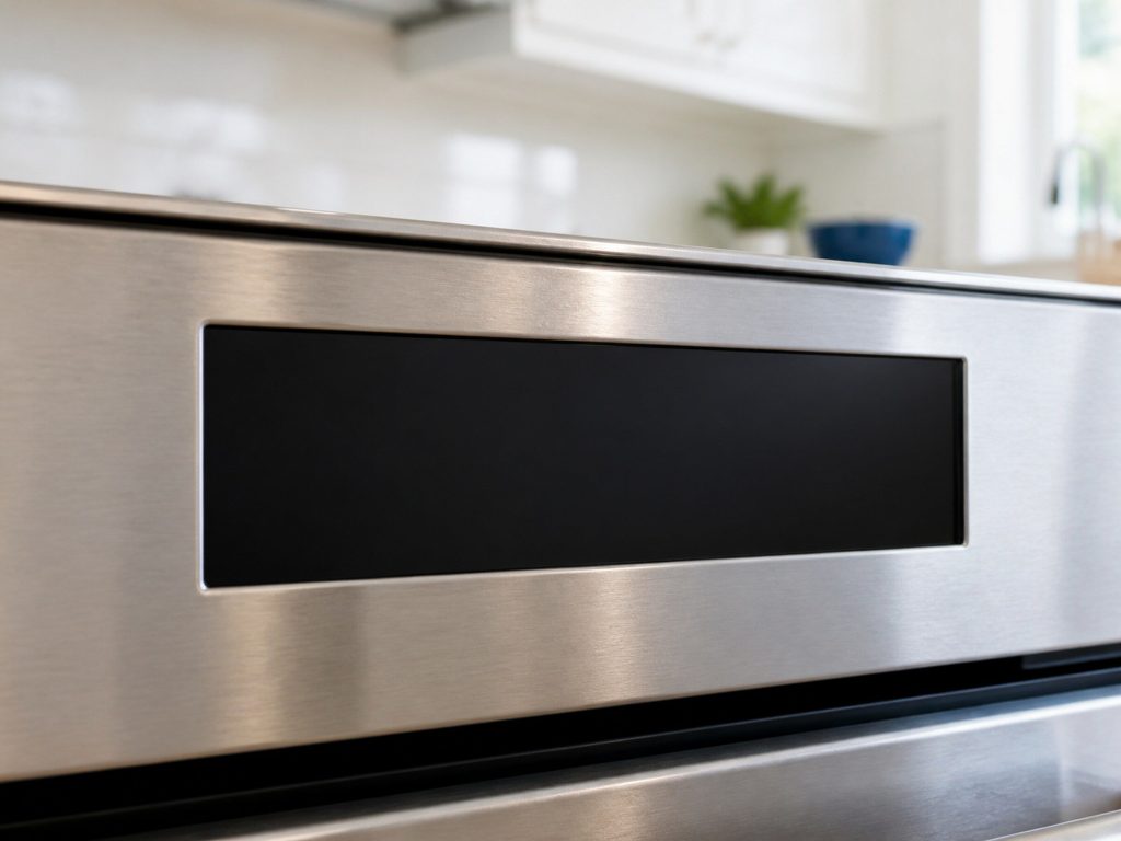 A close view of the digital display panel on a stainless range, the screen dark and completely blank with no characters or symbols of any kind, brushed metal around it catching warm daylight.