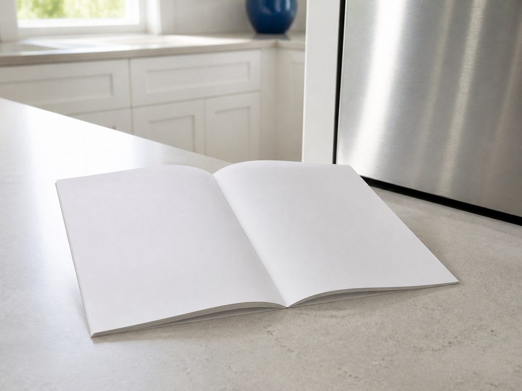 A slim booklet lying open on a pale grey stone counter, both pages completely blank and unprinted, beside the edge of a stainless appliance door.
