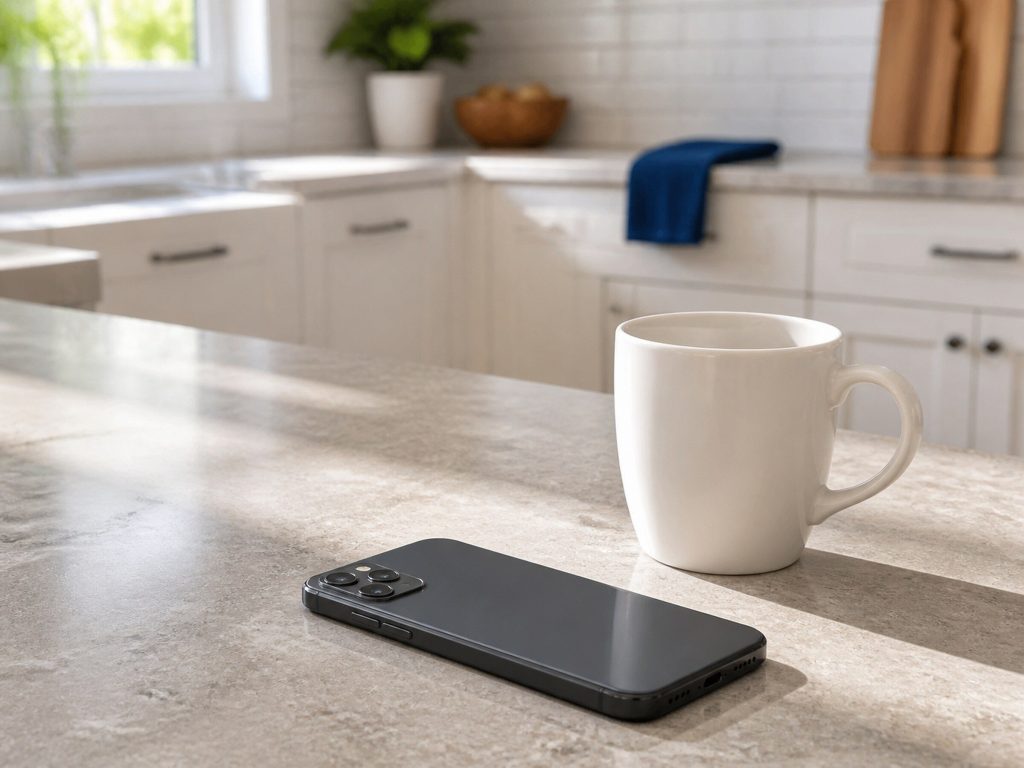 A phone lying face down on a pale grey stone counter beside a white mug, morning light across the stone, white cabinetry soft behind.