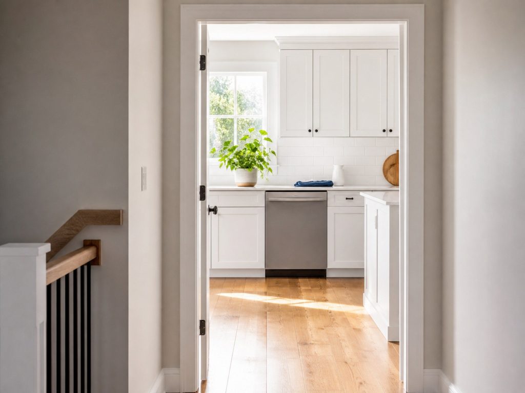 A view from a hallway through an open doorway into a bright white kitchen, warm daylight falling across the wooden floor, a plant on the counter beyond.