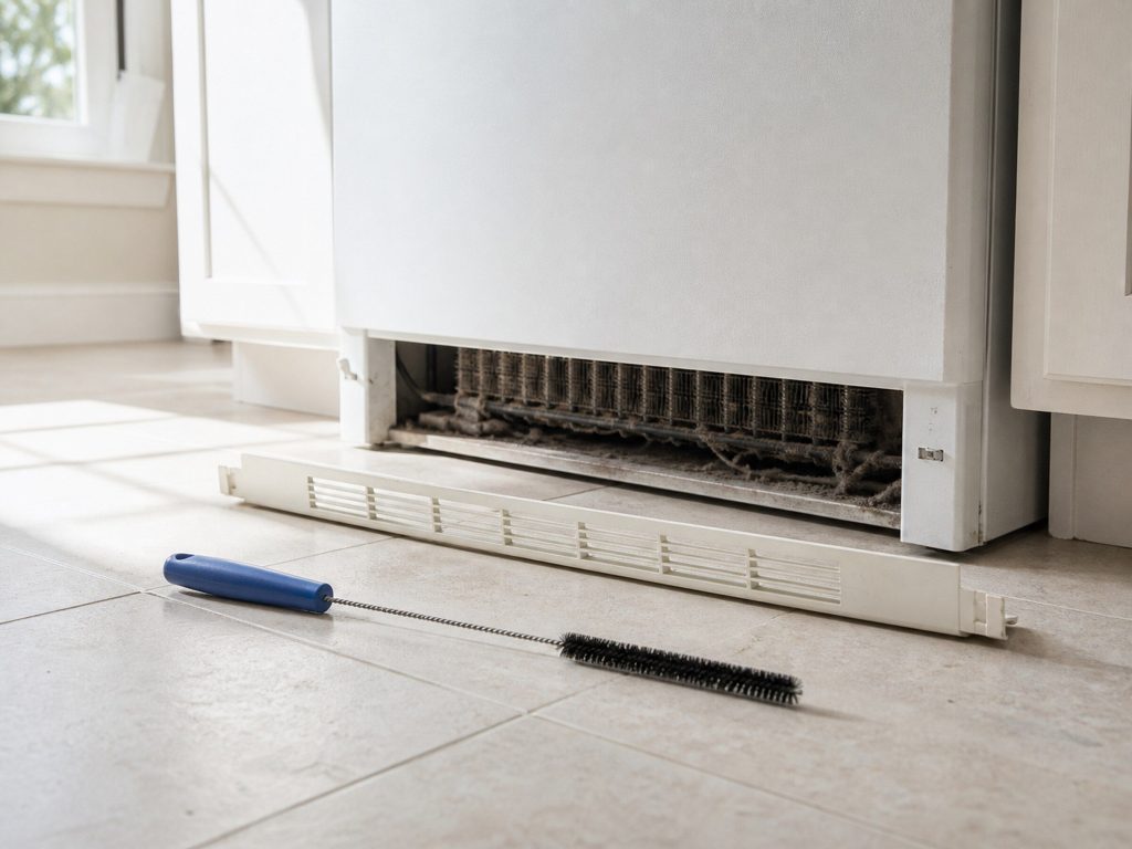 A long slim coil brush lying on a pale tile floor beside the removed lower grille of a refrigerator, the dusty condenser coil visible in the gap behind.