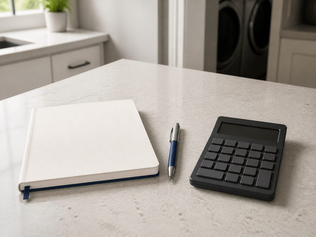 A pocket calculator with a blank unlit screen lying on a pale grey stone counter beside a closed notebook and a pen, warm daylight.