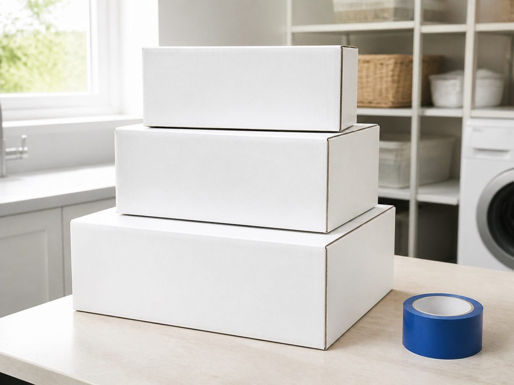 Three plain white cardboard boxes stacked on a pale workbench in daylight, all of them entirely unprinted, a roll of tape beside them.